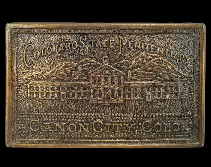 Vintage Colorado State Penitentiary Canon City CO Brass Belt Buckle Gold Tone