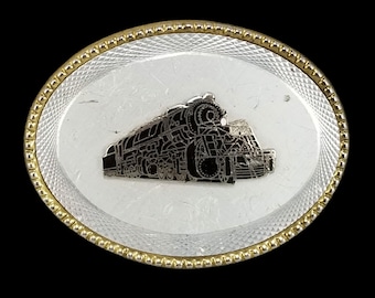 Vintage Train Belt Buckle, Silver Gold Steam Locomotive Railroad Western
