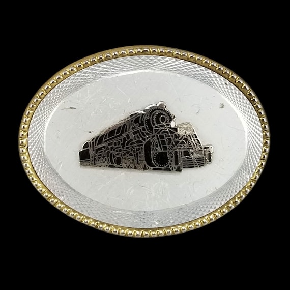 Vintage Train Belt Buckle, Silver Gold Steam Locomotive Railroad Western