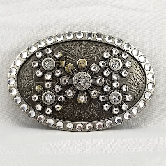 Vintage Belt Buckle Womens Oval Stars Rhinestones Embossed Etched Unique