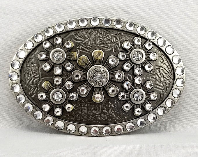 Vintage Belt Buckle Womens Oval Stars Rhinestones Embossed Etched Unique