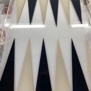 Pode incluir: Um tabuleiro de backgammon em acr&iacute;lico transparente com pontas triangulares pretas e creme. O tabuleiro inclui pe&ccedil;as brancas, dados vermelhos e um copo para dados. O jogo &eacute; projetado para dois jogadores.