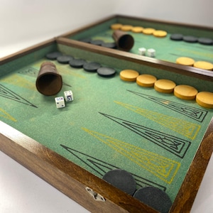 Può includere: Un set di backgammon in legno con una superficie di gioco verde, pedine nere e beige e due dadi. Il set è aperto, rivelando il tabellone e i pezzi. La cornice in legno ha una finitura marrone scuro.