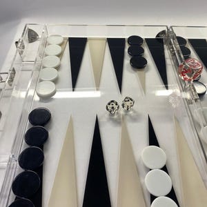 Pode incluir: Um conjunto de gam&atilde;o em acr&iacute;lico transparente com pontas triangulares pretas, brancas e bege. O conjunto inclui pe&ccedil;as pretas e brancas e dois dados. O tabuleiro &eacute; transparente.