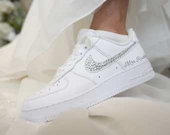 Bridal custom rhinestone Nike Air Force 1 Wedding day Bridal Nikes Bridal name Bridal date bridesmaids Nike air force 1