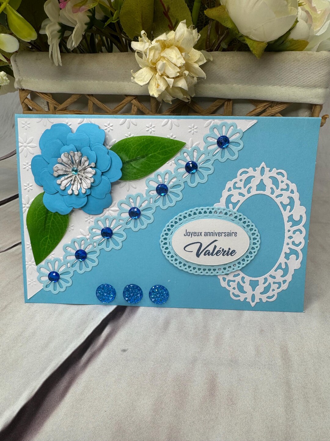 Blue Birthday Card With Flowers – Personalized Name – Handmade Floral ...