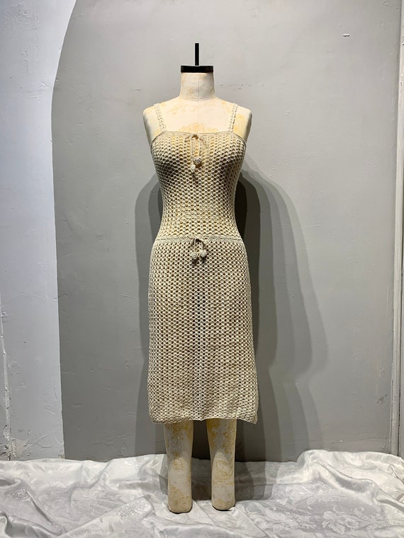 Vintage 70s Cream Crochet Mesh Midi Dress sz S / M - image 1