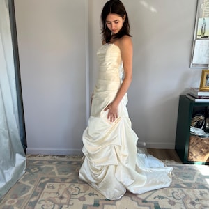 New Silk Satin Couture Strapless Wedding Gown with Beaded French Lace / Large size