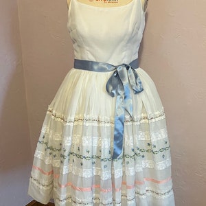 Vintage 1950s Short Cupcake White Cotton Dress With Embrodery, Lace and Ribbon