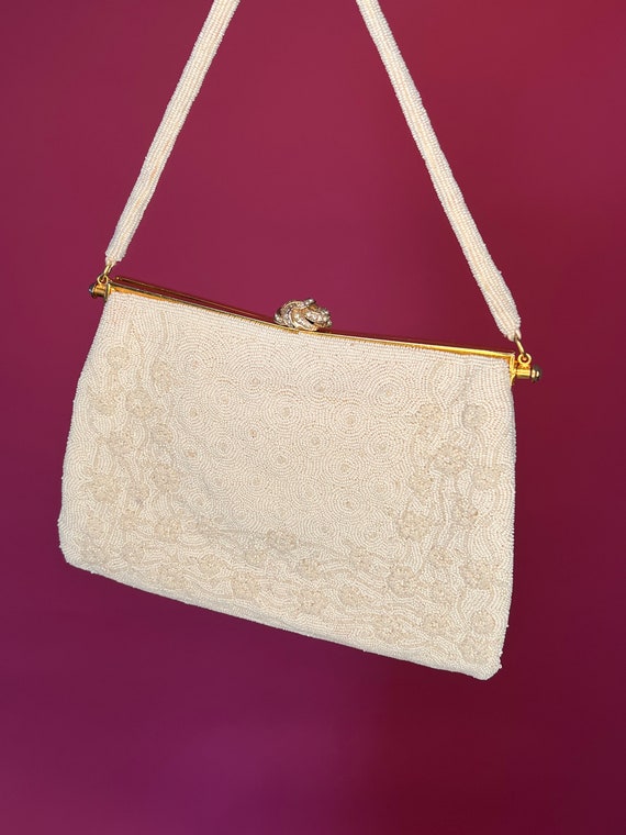 White micro-beaded vintage evening purse with cry… - image 2