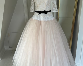 1950s Priscilla of Boston Wedding Dress with Ballet Pink Tulle Skirt -  Black Velvet Ribbon at Dropped Waist - 27" waist