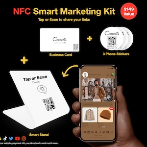 Op de afbeelding: Een witte NFC smart marketingkit met een visitekaartje, drie telefoon stickers en een smart stand. Met de kit kunnen gebruikers door te tikken of te scannen links delen naar hun website, betalingsinformatie, sociale netwerken en meer. De kit is gewaardeerd op € 149.