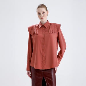 Oversized Silk Shirt: Apricot Color, Epaulette Detail
