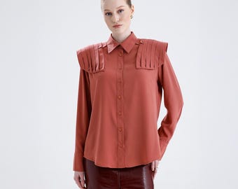Oversize Silk Women Shirt, Epaulette Detail, Long Sleeve, Padded, Silk Shirt, Apricot Color Women Shirt, Style Powerful Women Clothes, NAOMI