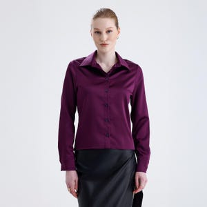 Purple Acetate Satin Shirt: Long Sleeve Button-Down Office Wear