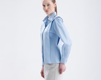 Flywheel Detail Women Shirt, Long Sleeve Cotton Shirt, Shirt with Hidden Buttons, Blue or White Cotton Women's Shirt, Style Feminine Clothes