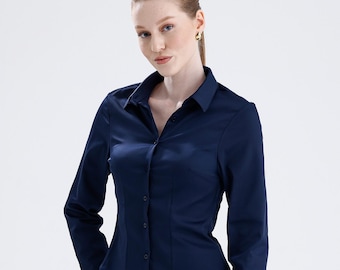 Classic Women Shirt, Button-Down Long Sleeve Cotton Women Shirt, Office Business Lady Slim fit Shirt, White, Black, Dark Blue, Gray Shirt