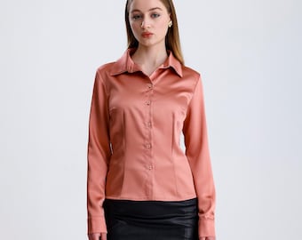 Indigo Satin Women Shirt, Smooth Elegant Soft Women Tops, Casual or Formal Wear, High Collar Long Sleeve Button Down Shirt, Slim Fit Shirt