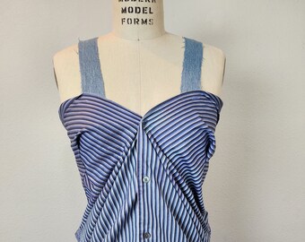 Up-Cycled Blossom Pinstriped Denim/Cotton Blue/Black Button Down Draped Bustle Tank Top (XS-S)