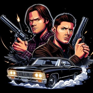 May include: Digital illustration featuring two men holding guns, with a black classic car in the foreground. The men are in the center, with a dark background. One man wears a plaid shirt, the other a brown jacket. Smoke and fire effects are present.