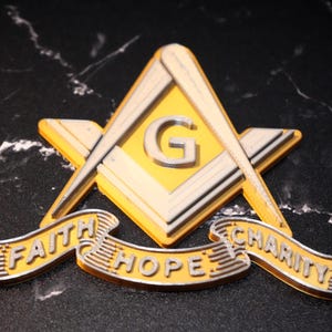 3D printed Square and compass faith, hope, and charity car emblem
