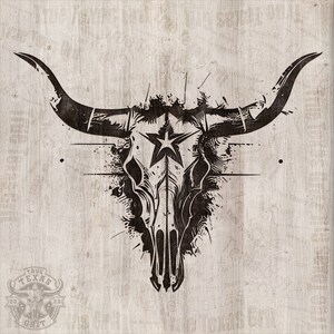 May include: Black and white illustration of a bull skull with a star in the center, on a woodgrain background.
