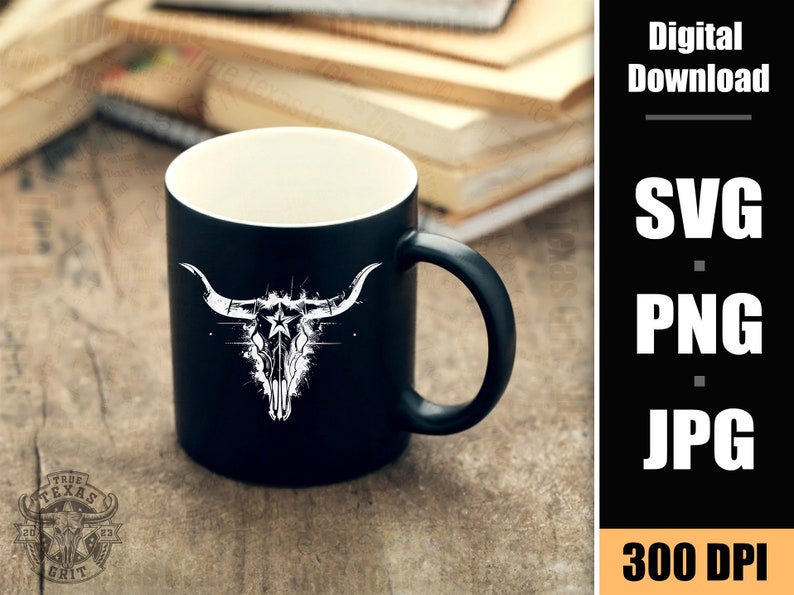 May include: A black coffee mug with a white graphic of a stylized bull skull with a star on its forehead. The mug is on a wooden surface. Digital Download: SVG, PNG, JPG, 300 DPI.