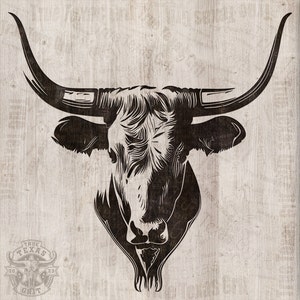May include: Black and white line art illustration of a bull's head with large horns. The bull's head is facing forward with its mouth closed. The background is a light brown wood grain.