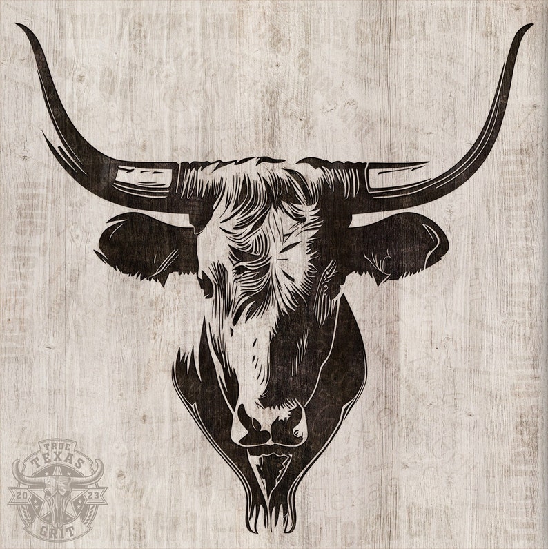 May include: Black and white line art illustration of a bull's head with large horns. The bull's head is facing forward with its mouth closed. The background is a light brown wood grain.