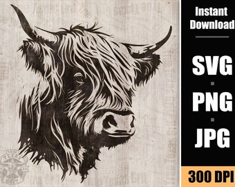 Highland Cow Head Clipart: Western Decor SVG PNG JPG (Digital Download)