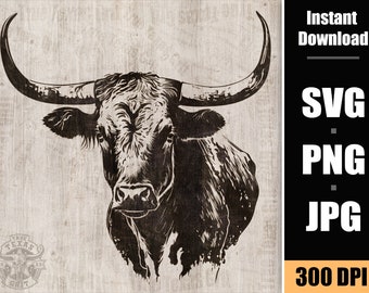 Könnte beinhalten: Schwarzweiß-Illustration eines Longhorn-Stierkopfes mit großen Hörnern. Das Bild hat einen abgenutzten, Vintage-Look und ist vor einem Holzmaserungshintergrund platziert.