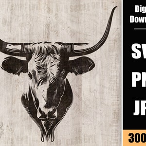 May include: Black and white silhouette of a longhorn bull's head with large horns. The image is on a woodgrain background.