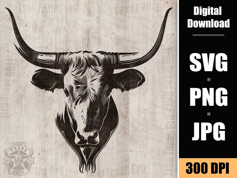 May include: Black and white silhouette of a longhorn bull's head with large horns. The image is on a woodgrain background.