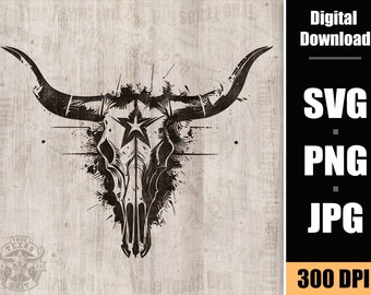 May include: Black and white silhouette of a longhorn skull with a five-pointed star inside the skull. The skull is surrounded by a splatter effect. The image is on a woodgrain background.