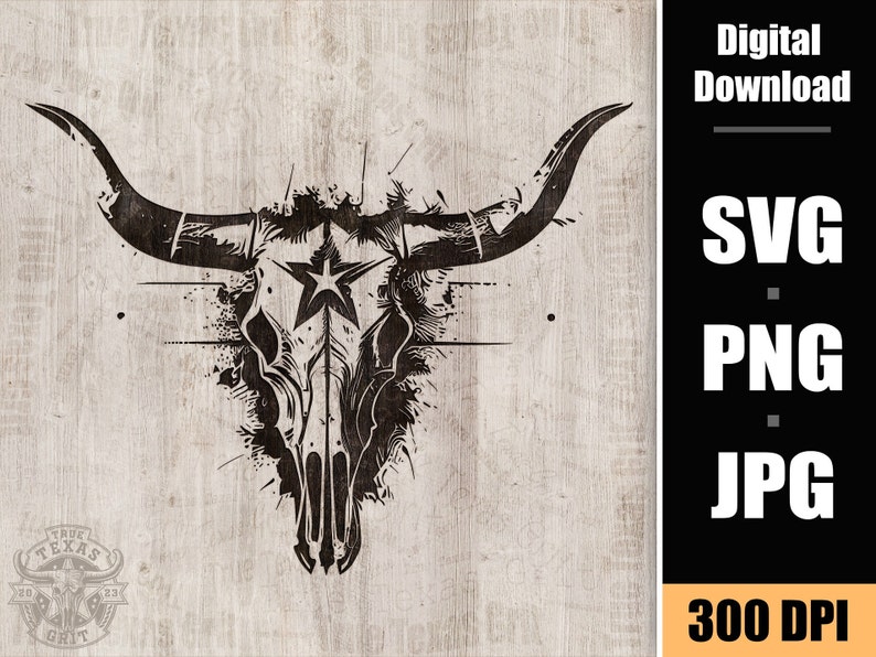 May include: Black and white silhouette of a longhorn skull with a five-pointed star inside the skull. The skull is surrounded by a splatter effect. The image is on a woodgrain background.