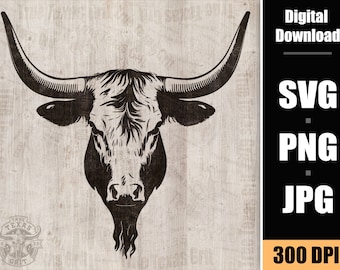 Könnte beinhalten: Schwarz-weiße Silhouette eines Longhorn-Stierkopfes mit großen Hörnern. Das Bild ist auf einem Holzmaserungshintergrund. Digitaler Download: SVG, PNG, JPG, 300 DPI.
