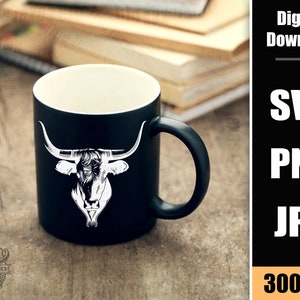 May include: A black coffee mug with a white silhouette of a longhorn bull's head. The mug is on a wooden surface. Digital Download - SVG, PNG, JPG - 300 DPI