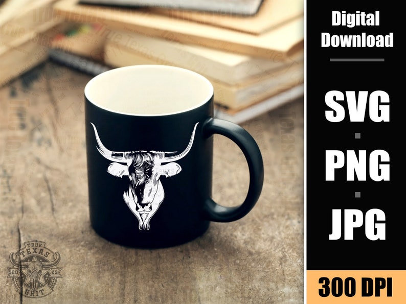 May include: A black coffee mug with a white silhouette of a longhorn bull's head. The mug is on a wooden surface. Digital Download - SVG, PNG, JPG - 300 DPI