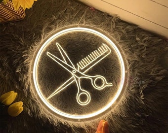 Handmade Hair Salon Neon Sign: Scissors & Comb, USB Powered