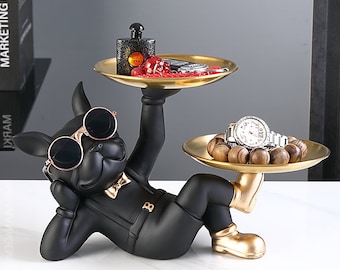 Handmade Dog Butler Resin Sculpture For Home / Desk Decor With Metal Tray