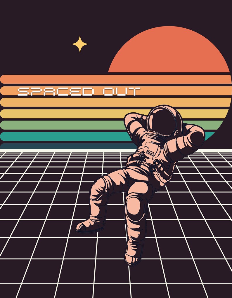 K&ouml;nnte beinhalten: Eine Retro-Illustration eines Astronauten, der auf einem Gittermuster sitzt, mit einem Sonnenuntergang und dem Text "SPACED OUT" im Hintergrund.