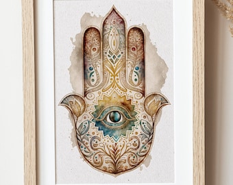 Ręka Hamsy, duchowa sztuka ścienna, plakat do druku, trzecie oko, dekoracja ochronna Fatimy, wydruk w stylu vintage, antyczny symbol czystości