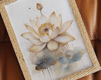 Lotus Blossom, Spiritual Art, Printable Wall Art, Digital Download, Floral Decoration, Yoga and Meditation Gift, Soft Ivory Colors Poster