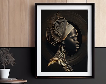 Afrikanische Frau für ein kulturell inspiriertes Zuhause, Ethnische Dekoration, schwarz und gold Porträt, Abstrakte Frau Wandkunst, DOWNLOAD