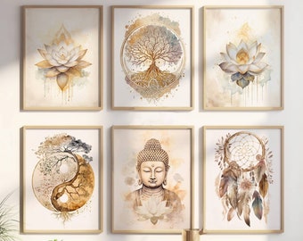 Lotus Flowers, Tree Of Life, Buddha, Dreamcatcher and Yin Yang, Set of 6 Printable Boho Posters, DIGITAL DOWNLOAD, Yoga Meditation Decor