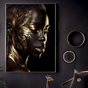 INSTANT Download, Abstract African Goddess, Digital Ai Wall Art Print, Printable Gold, Afro Futurism, Ethnic Portrait