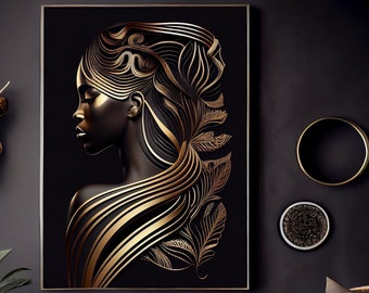 Instant Download, Charming African Woman Covered in Golden Floral Ornaments, Digital Wall Art Print, Metallic Look, Ethnic Girl Portrait