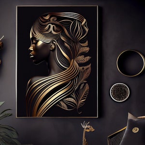Sofort Download, Charmante afroamerikanische Frau mit goldenen Blumenornamenten, Digitale KI Wandkunst, Druckbare Kunst, Ethnische Kunst