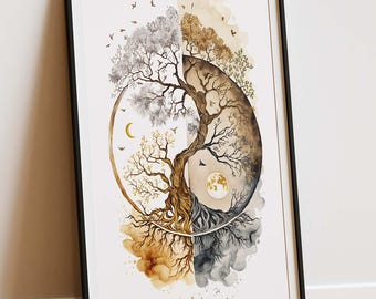 Yin Yang as Tree, Digital Download, Zen Style, Printable Wall Art, Meditation Decoration, Spiritual Art Poster, Asian Art