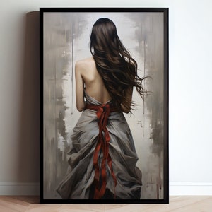 Könnte beinhalten: Ein Gemälde einer Frau mit langen braunen Haaren, die ein graues Kleid mit einem roten Band um die Taille trägt. Der Hintergrund ist verschwommen grau und weiß.